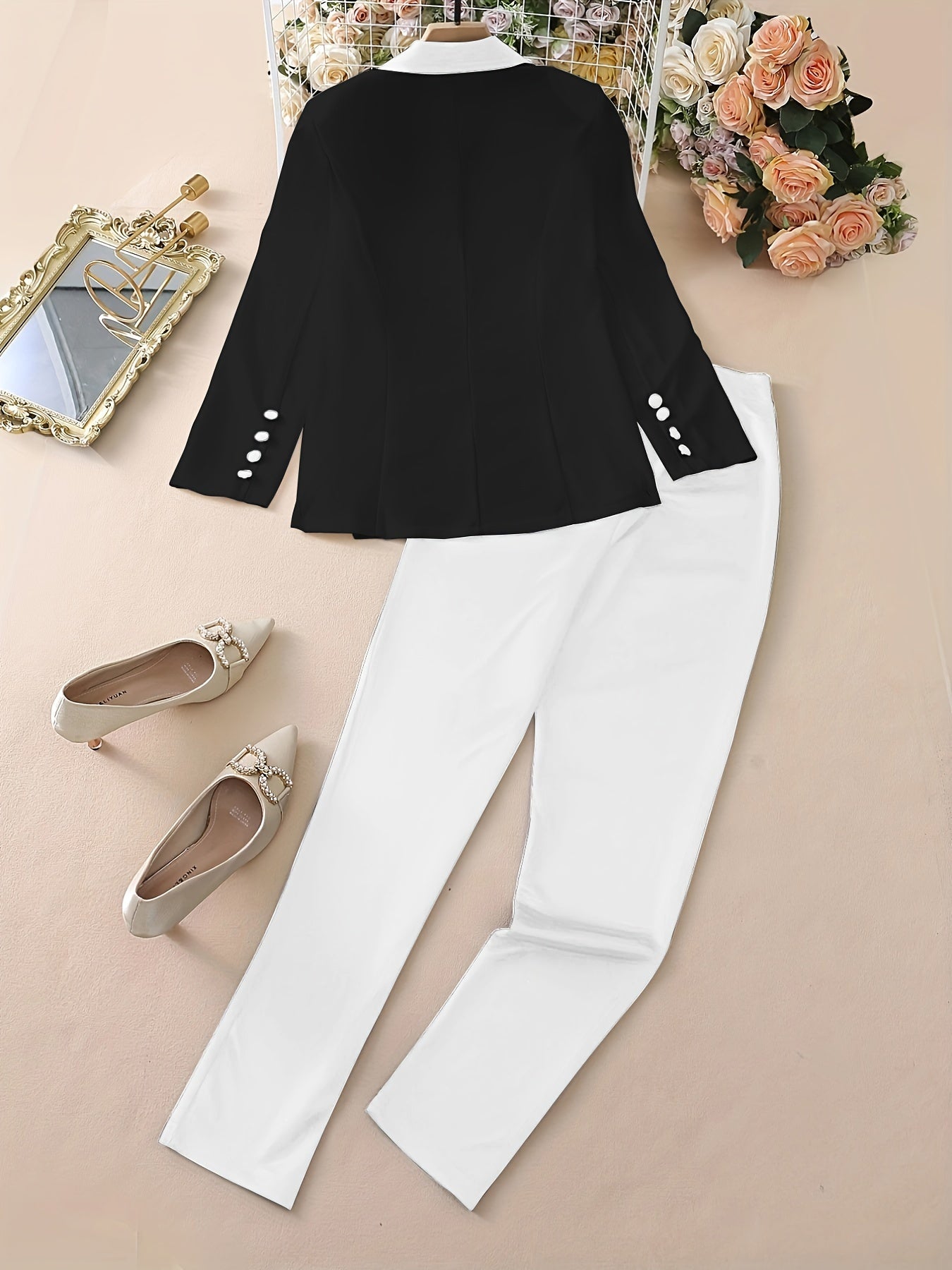 two-piece Color Block Blazer & Straight Leg Pant Set for Women, Casual Button-Front Blazer & Pants Outfit